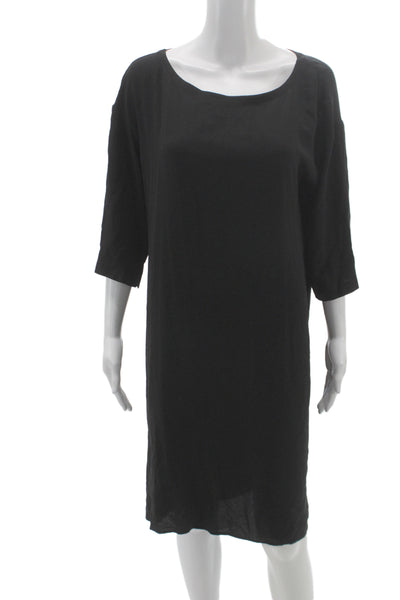Eileen Fisher Women Shift Dress Black Silk 3/4 Sleeve Boat Neck Size S