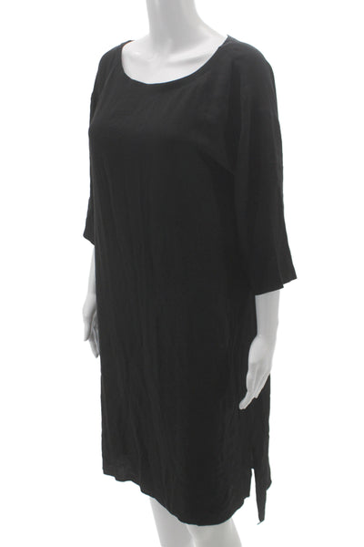 Eileen Fisher Women Shift Dress Black Silk 3/4 Sleeve Boat Neck Size S