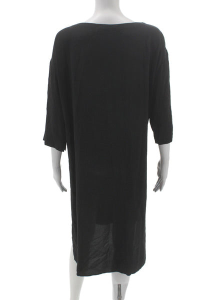 Eileen Fisher Women Shift Dress Black Silk 3/4 Sleeve Boat Neck Size S