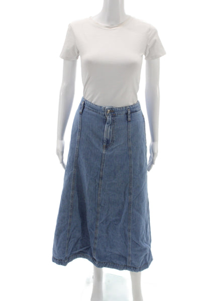 Zara Womens A-Line Denim Skirt Blue Long Button Boho Size L