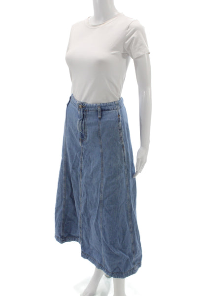 Zara Womens A-Line Denim Skirt Blue Long Button Boho Size L
