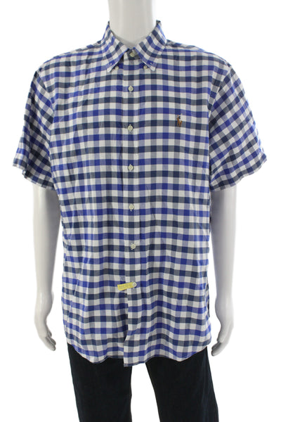 Polo Ralph Lauren Mens Short Sleeve Button Front Gingham Shirt Blue White XL