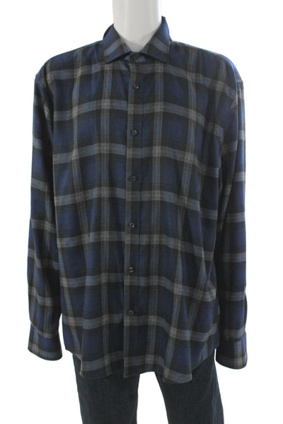 James Tattersall Mens Button Front Collared Plaid Shirt Blue Gray Cotton 3XL