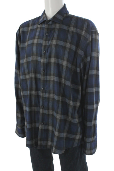 James Tattersall Mens Button Front Collared Plaid Shirt Blue Gray Cotton 3XL