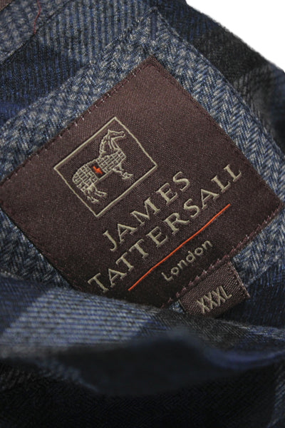 James Tattersall Mens Button Front Collared Plaid Shirt Blue Gray Cotton 3XL