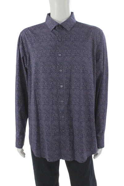 Bugatchi Mens Button Front Long Sleeve Collared Geometric Shirt Navy Size XL