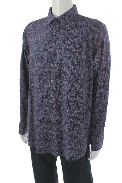 Bugatchi Mens Button Front Long Sleeve Collared Geometric Shirt Navy Size XL