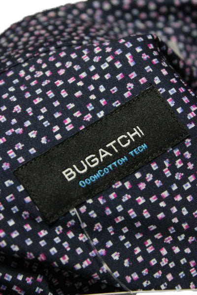 Bugatchi Mens Button Front Long Sleeve Collared Geometric Shirt Navy Size XL