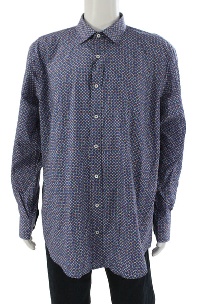 Bugatchi Mens Button Front Long Sleeve Collared Geometric Shirt Night Blue XL