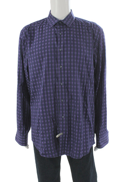 Bugatchi Mens Button Front Collared Striped Shirt Navy Purple Cotton Size XL