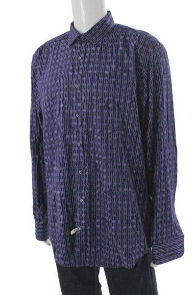 Bugatchi Mens Button Front Collared Striped Shirt Navy Purple Cotton Size XL
