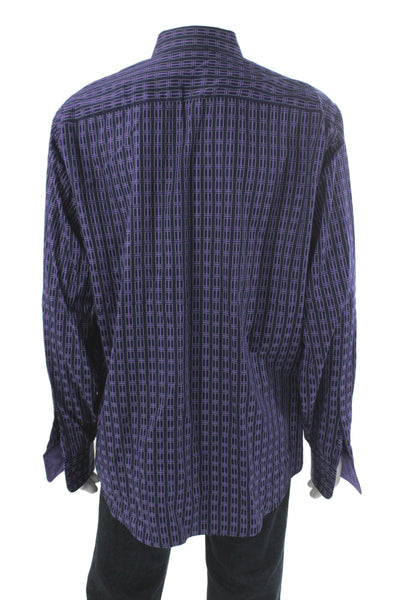 Bugatchi Mens Button Front Collared Striped Shirt Navy Purple Cotton Size XL