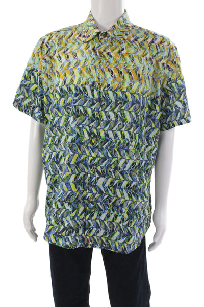 Robert Graham Mens Button Front Short Sleeve Abstract Shirt Blue Brown XL