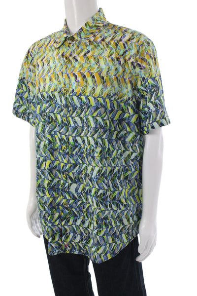 Robert Graham Mens Button Front Short Sleeve Abstract Shirt Blue Brown XL