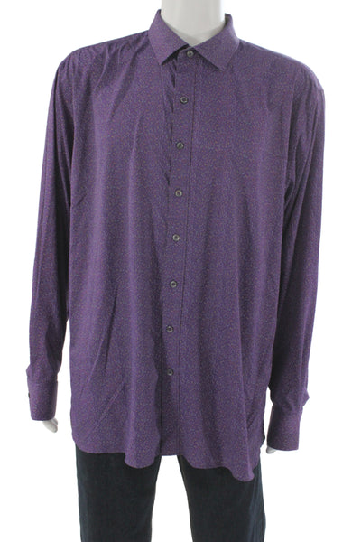 Bugatchi Mens Button Up Long Sleeve Collared Dotted Herringbone Shirt Purple XL