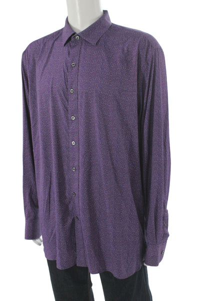 Bugatchi Mens Button Up Long Sleeve Collared Dotted Herringbone Shirt Purple XL