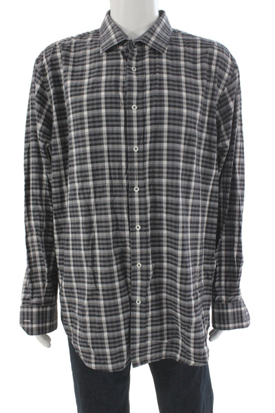 Bugatchi Mens Button Front Collared Plaid Shirt Gray White Cotton Size XL