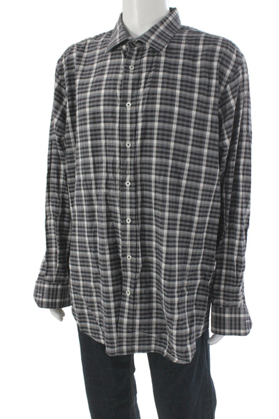 Bugatchi Mens Button Front Collared Plaid Shirt Gray White Cotton Size XL