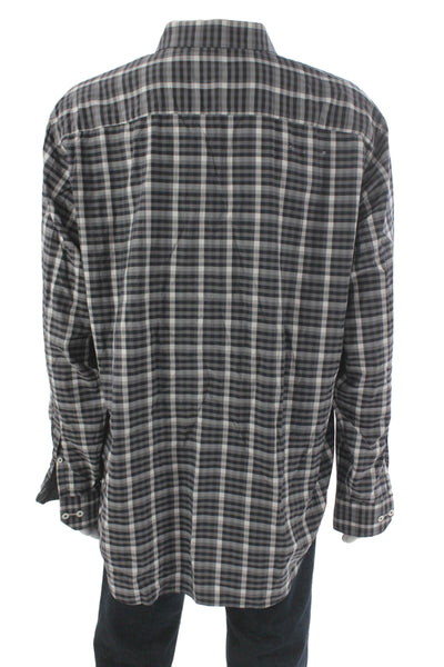 Bugatchi Mens Button Front Collared Plaid Shirt Gray White Cotton Size XL