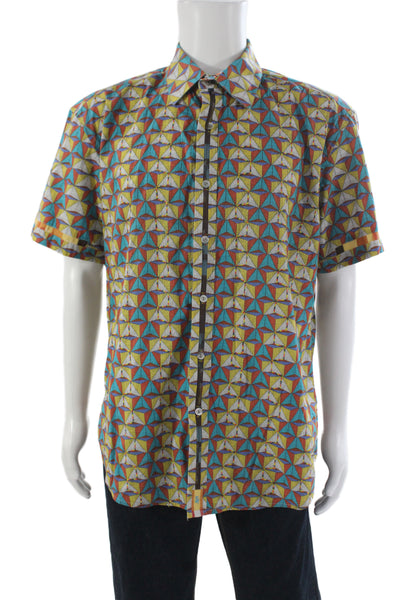Robert Graham Mens Short Sleeve Button Up Geometric Shirt Blue Yellow White XL