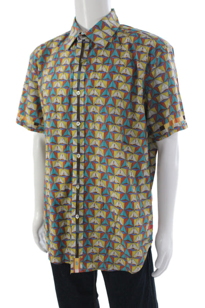 Robert Graham Mens Short Sleeve Button Up Geometric Shirt Blue Yellow White XL