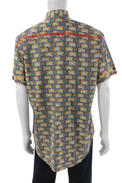 Robert Graham Mens Short Sleeve Button Up Geometric Shirt Blue Yellow White XL