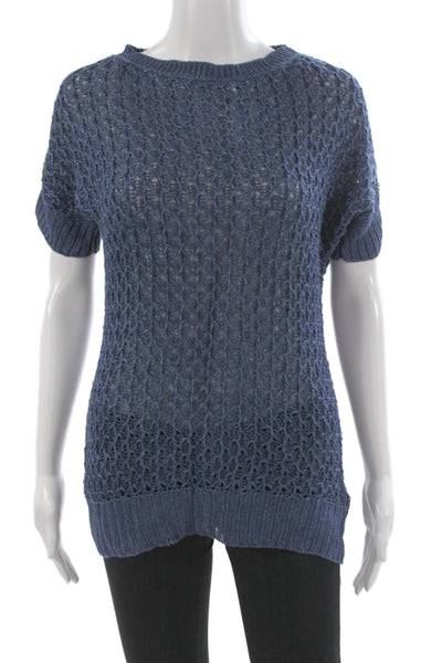 Lafayette 148 New York Women Pullover Hemp Blue Crew Neck Short Sleeve Size S