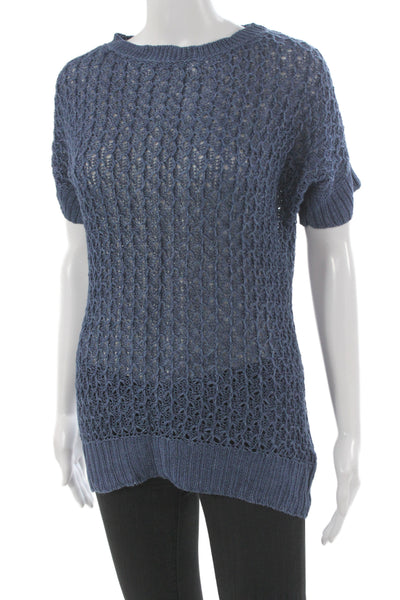 Lafayette 148 New York Women Pullover Hemp Blue Crew Neck Short Sleeve Size S