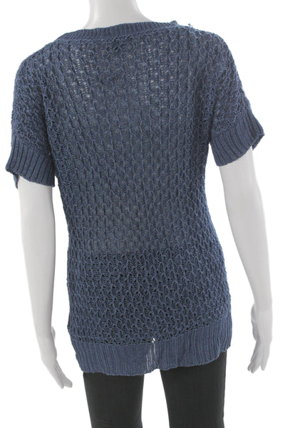 Lafayette 148 New York Women Pullover Hemp Blue Crew Neck Short Sleeve Size S
