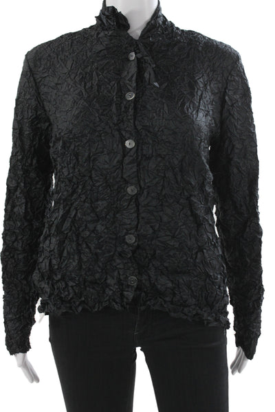 Babette Women Basic Black Polyester High Neck Long Sleeve Button-Up Top Size S