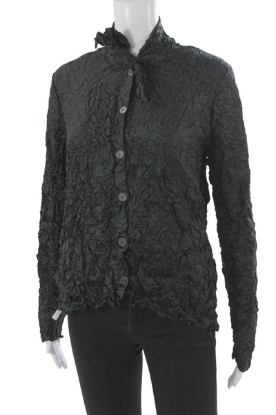 Babette Women Basic Black Polyester High Neck Long Sleeve Button-Up Top Size S