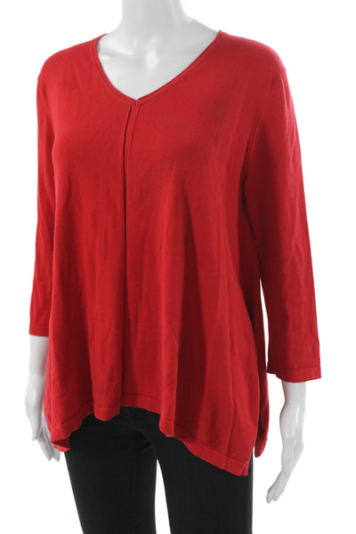 Magaschoni Womens V-Neck Cotton Pullover Sweater Red 3/4 Sleeve Size S