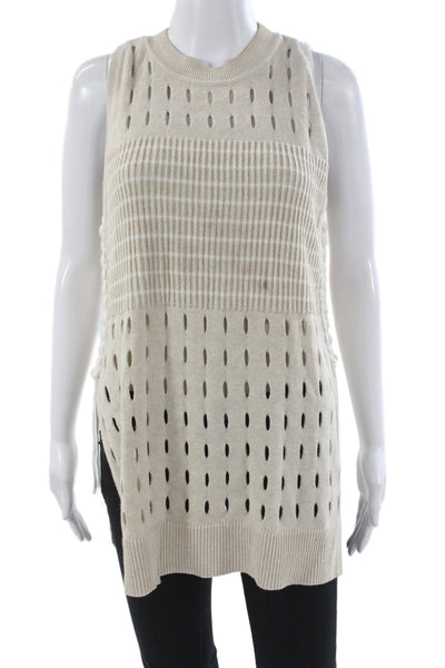 White + Warren Women Beige Cotton Sleeveless Crew Neck Vest Bohemian Size M