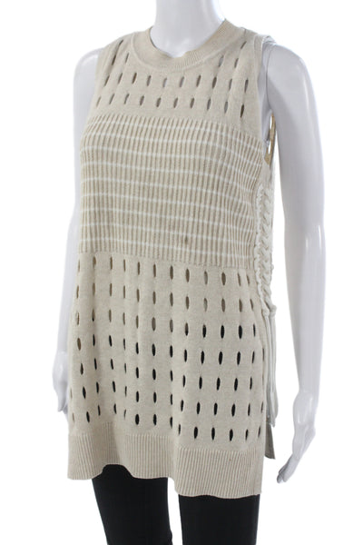 White + Warren Women Beige Cotton Sleeveless Crew Neck Vest Bohemian Size M