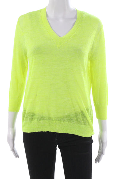 J Crew Women Linen Neon Yellow V-Neck Pullover Sweater 3/4 Sleeve Size 2XS