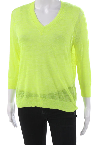 J Crew Women Linen Neon Yellow V-Neck Pullover Sweater 3/4 Sleeve Size 2XS