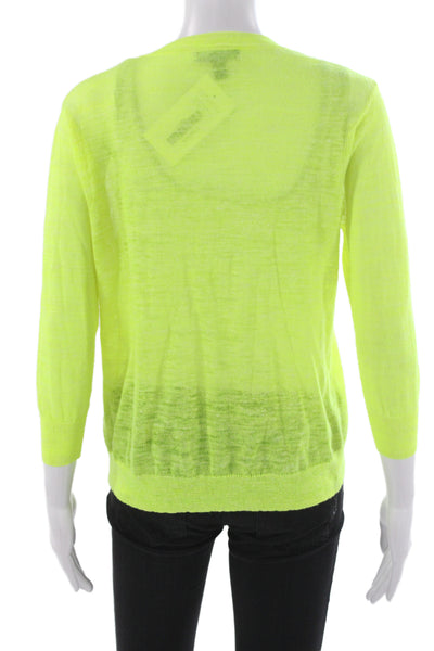 J Crew Women Linen Neon Yellow V-Neck Pullover Sweater 3/4 Sleeve Size 2XS