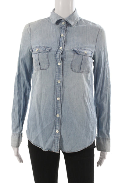 J Crew Women Blue Cotton Collared Button-Up Long Sleeve Top Size 00