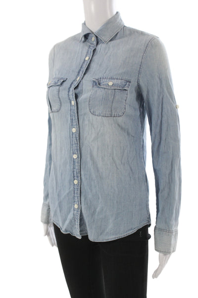 J Crew Women Blue Cotton Collared Button-Up Long Sleeve Top Size 00