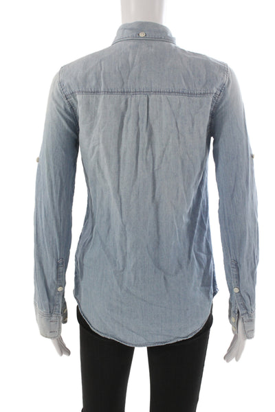 J Crew Women Blue Cotton Collared Button-Up Long Sleeve Top Size 00