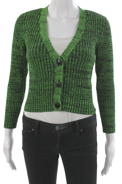 Ganni Womens Green Rayon Striped V-Neck Long Sleeve Cardigan Designer Size S
