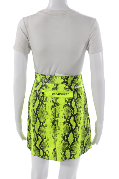 Off White Womens Leather Animal Print Mini Skirt Green Zip Size 38
