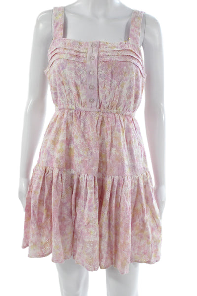 Sundress Women Floral Square Neck Sleeveless Short Pink Cotton Size S