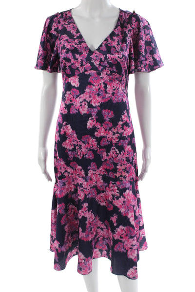 Designer Women Fit & Flare Floral Dress Multicolor V-Neck Short Sleeve Size 2