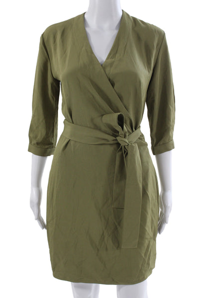 Everlane Womens Wrap Dress Green V-Neck 3/4 Sleeve Tie Waist Size 00
