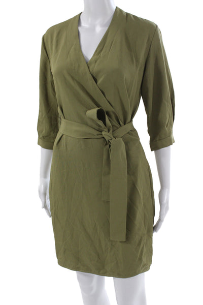 Everlane Womens Wrap Dress Green V-Neck 3/4 Sleeve Tie Waist Size 00