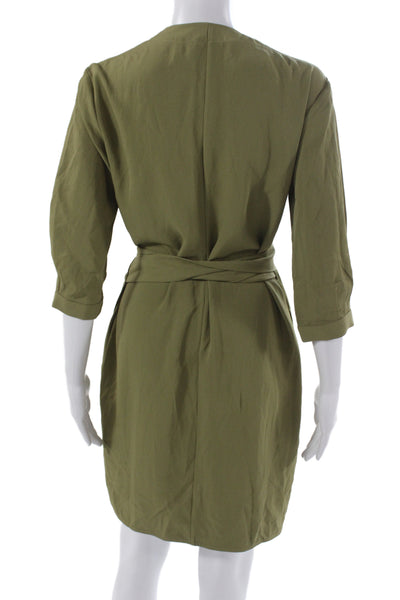 Everlane Womens Wrap Dress Green V-Neck 3/4 Sleeve Tie Waist Size 00