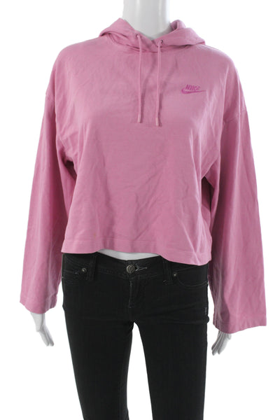 Nike Women Pink Cotton Pullover Hoodie Drawstring Long Sleeve Sports Size M