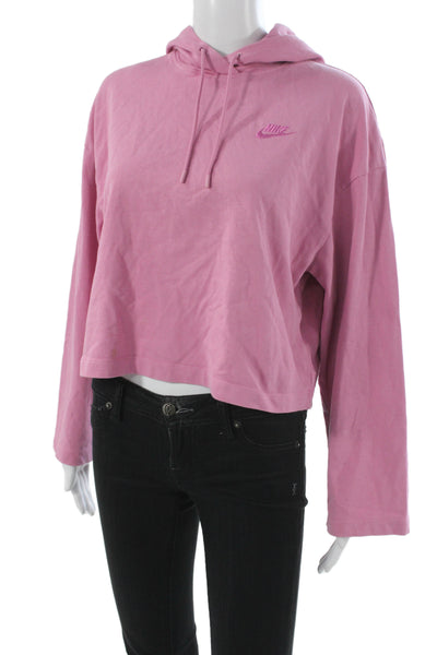 Nike Women Pink Cotton Pullover Hoodie Drawstring Long Sleeve Sports Size M