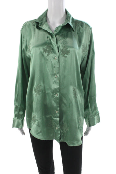 Zara Women Satin Floral Collared Basic Button-Up Long Sleeve Green Size M
